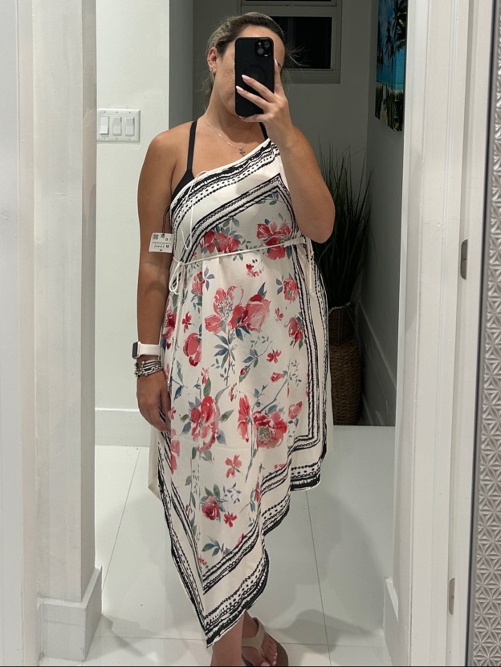 Zara White Dress with Pink & Black Floral Accents